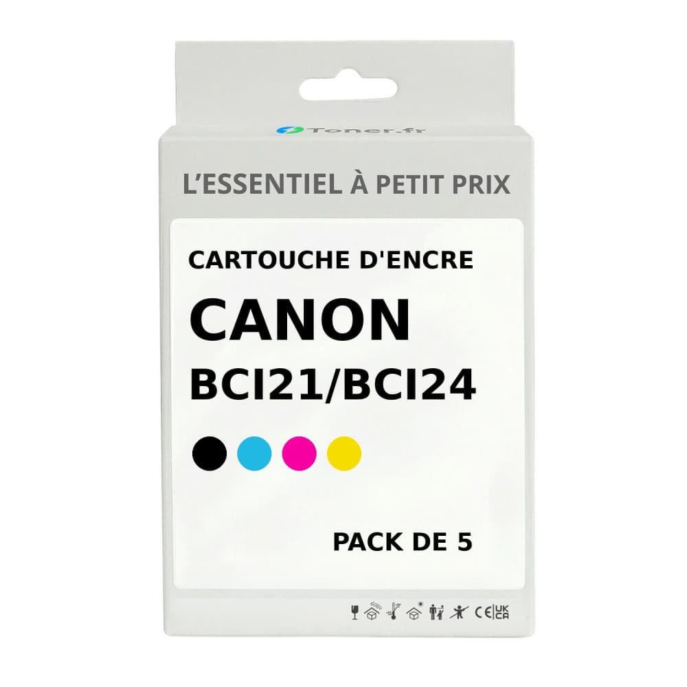 Pack de 5 cartouches d'encre compatibles Canon BCI21/BCI24 Noir et couleurs