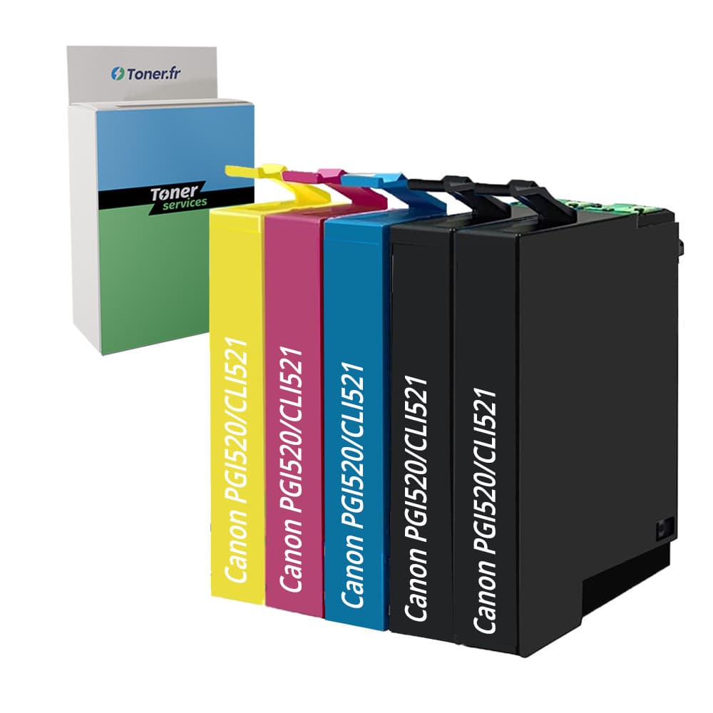Pack de 5 cartouches d'encre compatibles Canon PGI520/CLI521 Noir et couleurs