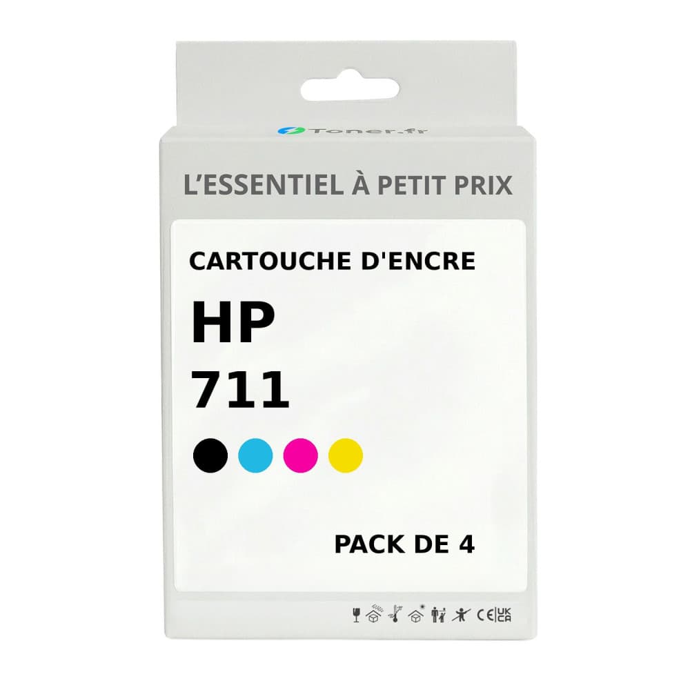 Pack de 4 cartouches d'encre compatibles HP 711 Noir et couleurs